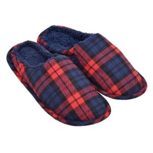 Papuci Albastri Rosii in Carouri Talpa de Blana Artificiala pentru Barbati