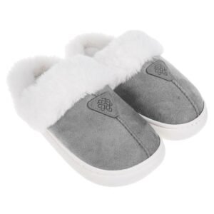 Papuci de Iarna Gri cu Talpa Intarita & Blana Artificiala Alba pentru Femei