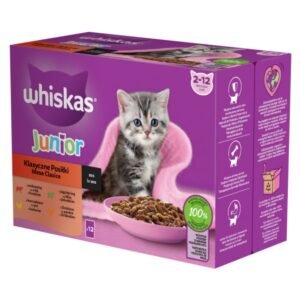Hrana umeda pentru pisici, Whiskas Selectii clasice, junior, carne de vita, pui, miel si pasare in sos, 12 plicuri x 85g