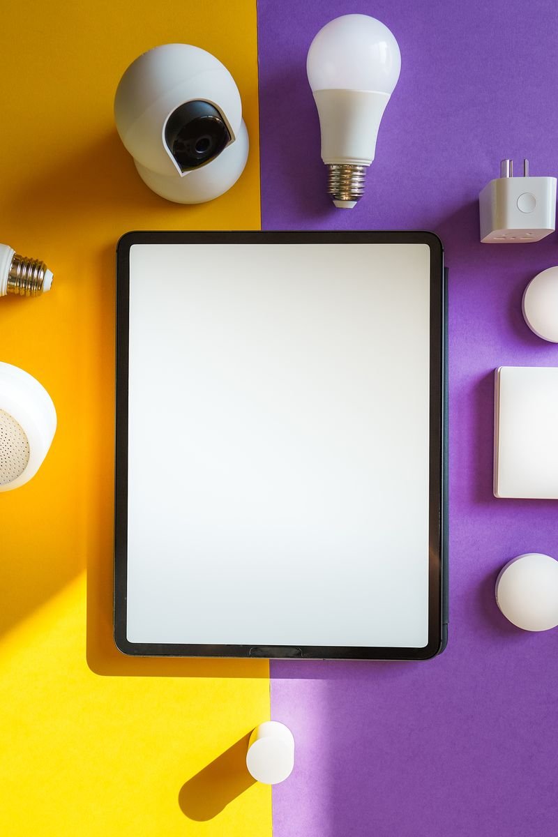 Top view of smart home devices and tablet on split yellow and purple background.